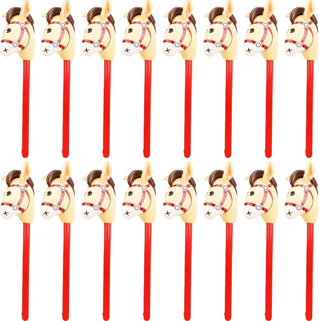 16 Pieces 40 Inch Inflatable Stick Horse Cowboy Cowgirl Horse Head Stick Pony Stick Balloon for Cowboy Theme Parties Chsirtmas Birthday Party Home Decoration