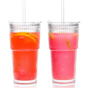Icesip 20oz Ribbed Glass Cups with Lids and Straws Iced Coffee Glass Tumbler Drinking Glasses Set of 2 for Tea Juice Soda Smoothie(Ribbed A*2 with Lid)