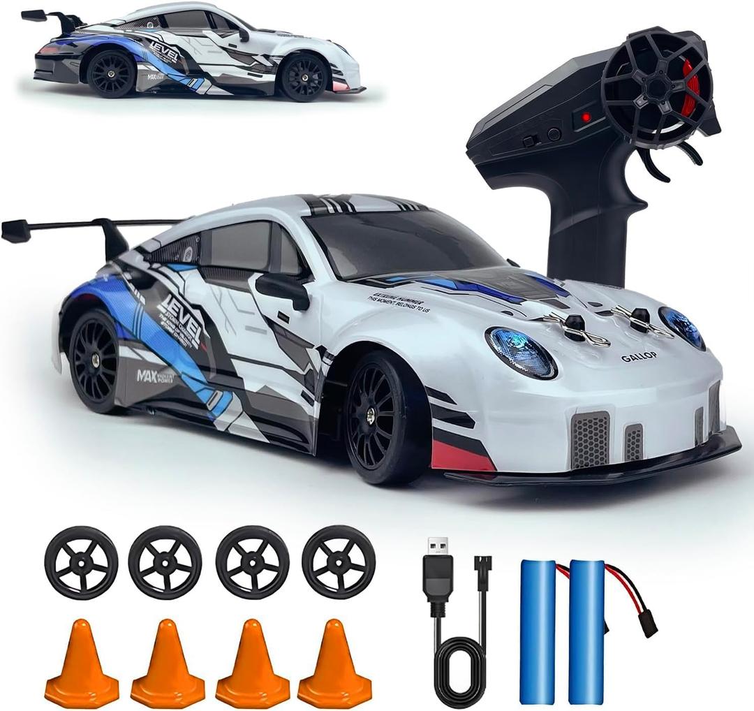 RC Drift Car 2.4GHz 1:24 Scale 4WD High Speed Remote Control Cars Vehicle with LED Lights Two Batteries and Drifting Tires Racing Sport Toy Cars for Adults Boys Girls Kids (White)