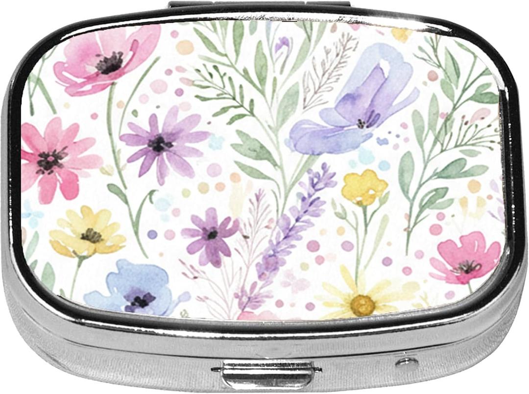 2 x Square Pill Case Small Pill Box with Mirror Pocket 2 Compartment Vitamin Pill Medicine Case Organizer Pill Containers for Traveling Oil-Painted Wildflowers Two