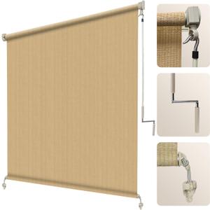 Artpuch Outdoor Roller Shade 7' W x 6' H, Sesame Exterior Cordless Patio Shades Roll Up Blinds with Spliced Pole Design, (2 Poles, One-Piece Fabric), 84"W x 72"H
