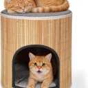 Cat Beds Indoor House, Handwoven Bamboo Cat Cave Pet Cube, Large Cat Houses, 2 Bed Mat, Foldable,Hideaway, 15.9x13.9 Inches, Living Room Bedroom Terrace Home Decoration Natural