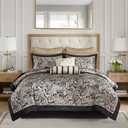 Madison Park Aubrey Cozy Comforter Set, Faux Silk Jacquard Paisley Design - All Season Down Alternative Bedding with Cotton Bed Sheets, Bed Skirt & Toss Pillows, Queen Black 12 Piece