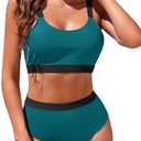 Womens High Waisted Bikini Sets Sporty Crop Top Color Block Swimwear Bandeau Scoop Neck Vintage Two Piece Bathing Suits Size Large, Turqoise 