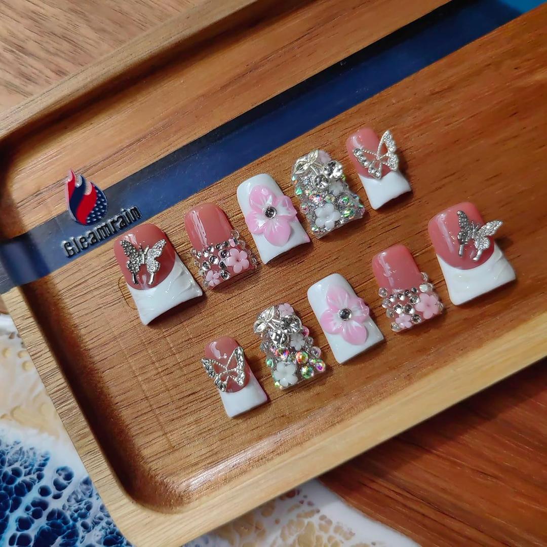 Handmade Press on Nails Duck Shape M Size/Gleamrain Medium Hand Made Hot Glue on Nails With Rhinestones and Flower Design Nude Duck Nail White French Tip for Women and Girls 10 Pcs