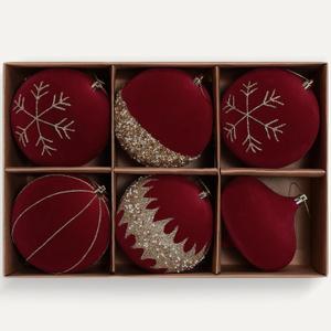 SHareconn 6ct Velvet Glitter Christmas Tree Balls Ornaments,4.72" Flocked Ornaments,Shatterproof Plastic Decorative Baubles Decorations for Xmas Tree Decor Holiday Party Decoration(Red & Gold,120mm)