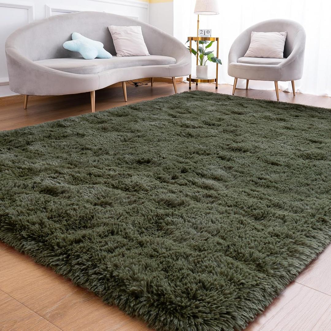 Fluffy Rug for Bedroom Living Room, 7x10 Olive Green Area Rugs, Faux Fur Shag Modern Carpet Ultra Soft Girls Boys Room Home Decor, Solid
