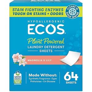 ECOS Laundry Detergent Sheets Vegan, No Plastic Jug, No Mess & Liquid Free - Laundry Sheets in Washer - Hypoallergenic, Plant Powered Laundry Detergent Sheets - Magnolia & Lily - 64 Sheets (Pack of 1)