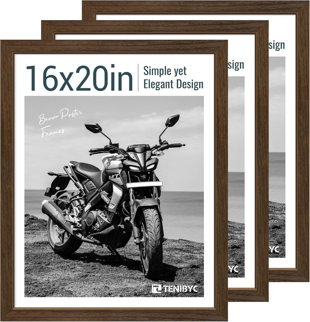 16x20 Picture Frame Set of 3 - Brown Woodgrain, Wood Poster Frame, HD Tempered Glass, Wall Gallery Hanging 16x20 Picture Frame Set of 3 - Brown Woodgrain, Wood Poster Frame, HD Tempered Glass, Wall Gallery Hanging