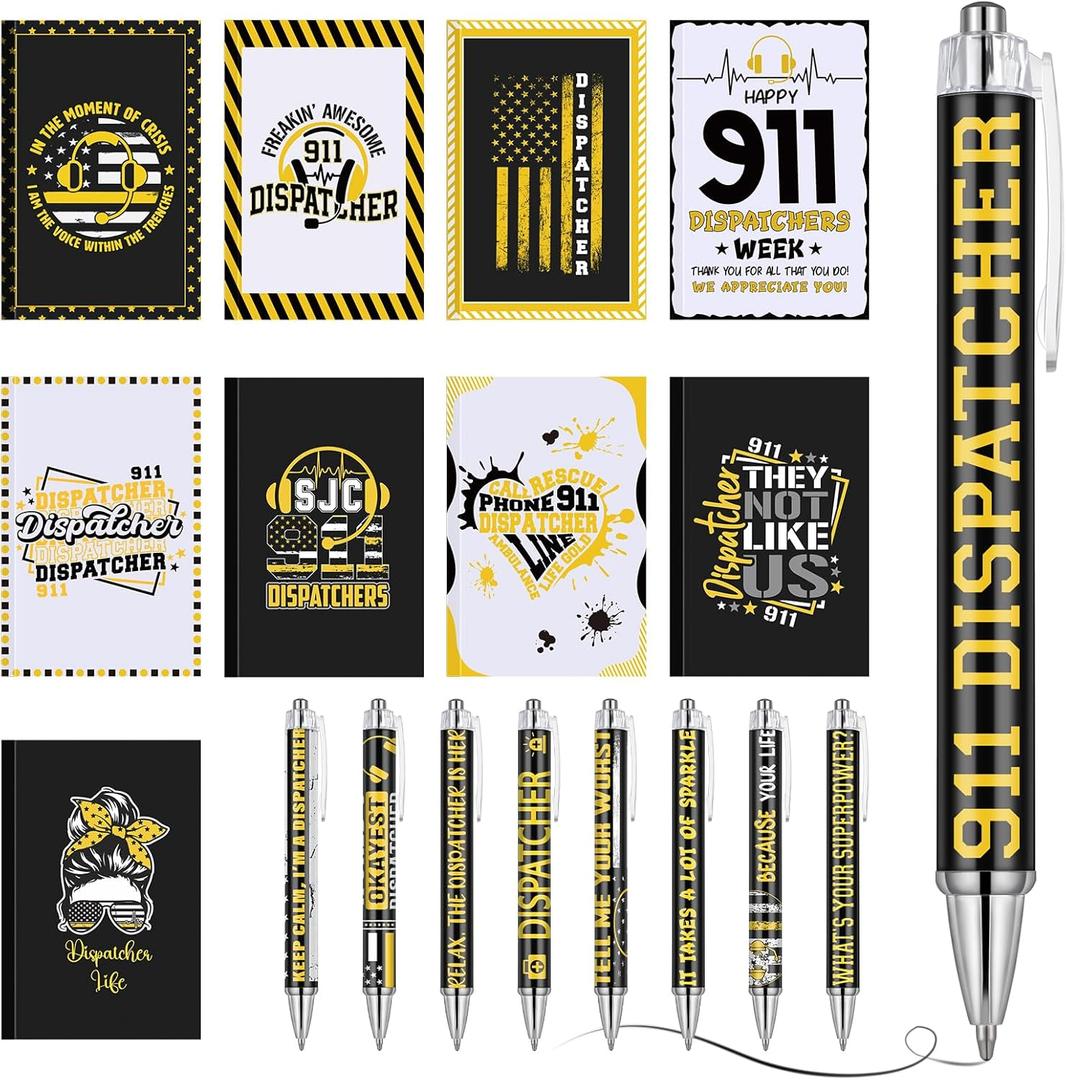 Resurhang 18 Pcs 911 Dispatcher Appreciation Gifts, 9 Dispatcher A5 Notebook Journals & 9 Inspirational Ballpoint Pens,Telecommunicator Week Gifts for First Responder, Emergency Worker, Police