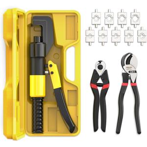 8 Tons Hydraulic Crimping Tool with Cable Cutters & Wire Cutters, 12 to 2/0 AWG Battery Cable Crimper, Cable Crimper Tool with 9 Dies for Wire Rope, Battery Cable Ends Ring Terminals