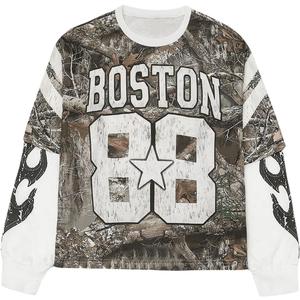 BEAUDRM Men's Camo Jerseys Shirt Letter Print 2 in 1 Sweatshirts Graphic Long Sleeve Crewneck Camouflage Hunting Tops Green, Small