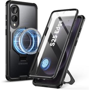 i-Blason for Samsung Galaxy S25 Edge Case MagSafe with Stand & Ring Holder [Built-in Screen Protector] [Military- Grade Drop Protection] Full-Body Heavy Duty Magnetic Phone Case 6.7'', Black Clear