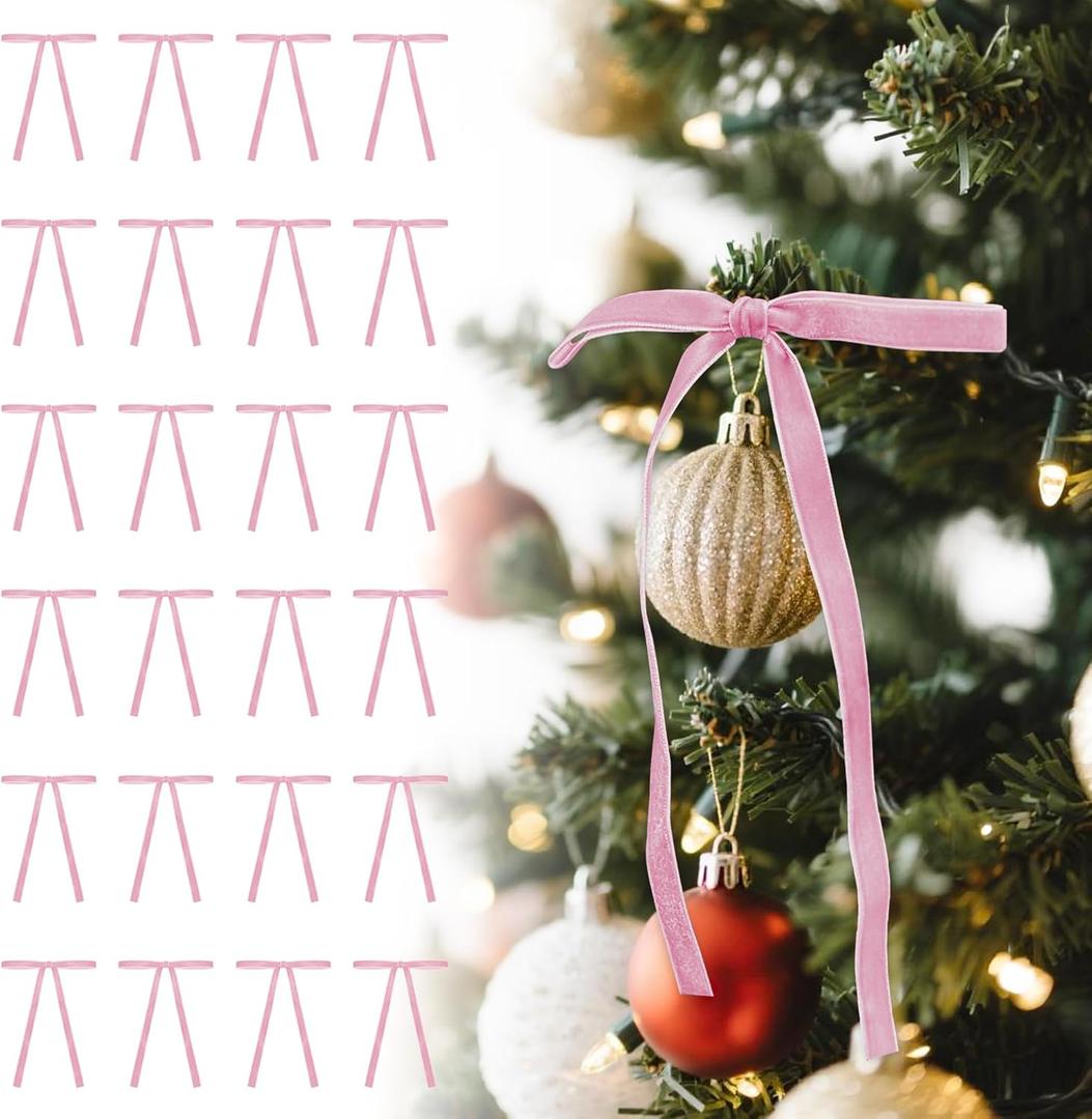 Pink Vintage Velvet Bows Decorations Small Ornaments for Christmas Tree, Garland, Wreath, Door, Outdoor (24 Pcs, 5 * 7 Inch)