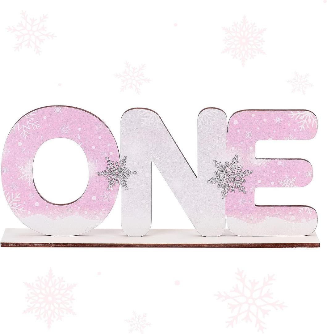 Snowflake One Table Centerpiece 1st Birthday Decorations for 1 Year Old Girl, Winter Onederland Theme First Bday One Wooden Table Sign Decor Pink White Photo Props Party Supplies
