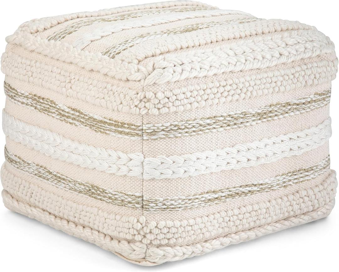 SIMPLIHOME Sommer Boho Square Pouf in Natural Handloom Woven Pattern for the Living Room, Bedroom and Kids Room