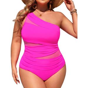 Aqua Eve Plus Size One Piece Swimsuit for Women Tummy Control Bathing Suits One Shoulder Swimwear (Pink, XXL)