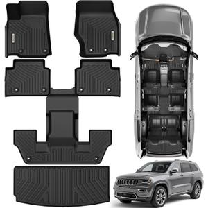 OEDRO Floor Mats & Cargo Liner Fit for Jeep Grand Cherokee L 2025-2021 (ONLY for 6 Seat), TPE All Weather Custom Fit 3 Row Floor Liners and Trunk Liner, Black (Without Center Console)