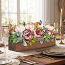 Pre-Made Flower Table Centerpieces for Dining Room Wedding Artificial Peony Table Decorations Wood Tray with Fake Flowers for Living Room Party Bar Kitchen Table(Vintage Pink)