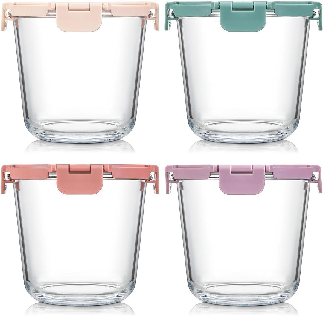 [UPGRADED LID] 4 Sets 3 Cup Glass Meal Prep Containers with Lids, Food Storage Bowl Jars for Leftover Lunch Meal Oats Salad Soup Fruit Snack Yogurt - Microwave, Oven, Freezer Safe, BPA Free, Airtight