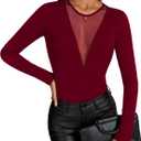 OYOANGLE Women's Slim Fit See Through Contrast Mesh Long Sleeve Tee Tops (Medium, Burgundy)