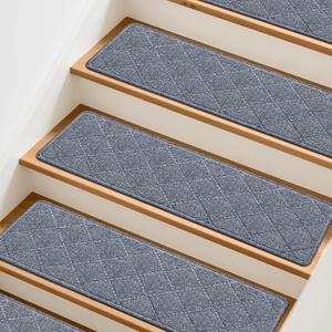 Stair Treads Non-Slip for Wooden Steps, 15Pack - 8" x 30" Edging Stair Runner Indoor for Kids Elders & Pets, Washable Carpet Stair Treads with Peel & Stick Reusable TPE Backing, Grey