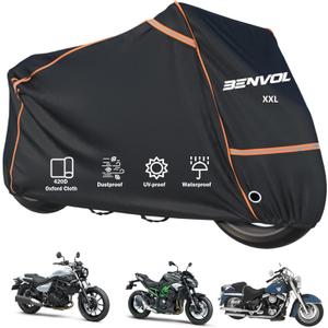 BENVOL 420D Heavy Duty Motorcycle Cover Waterproof Outdoor, 5000mm Rainproof Material Motorbike Cover with 2 Windproof Buckles, Lock Holes & Wide Reflective Strips, Anti-UV Sun Dust Protection (Black-XXL(96.5*41*51))