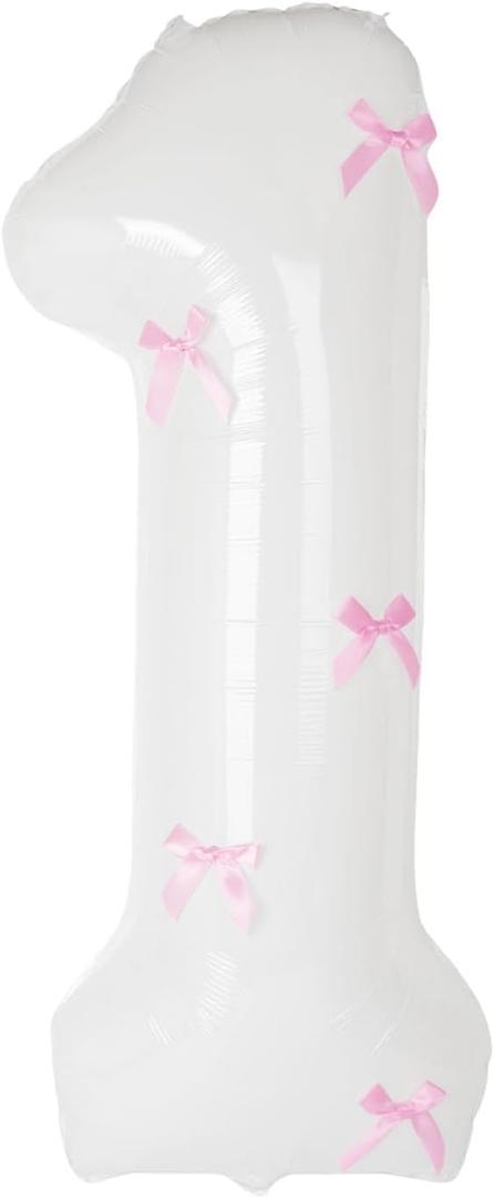 40 Inch White Number Balloons with Pink Bow Coquette Birthday Decorations Giant Number 1 Foil Balloon For Girls Pink Bow Birthday Party, Anniversary, Wedding, Proposal, Graduation Decor