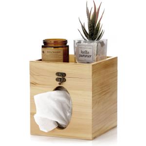 Sumnacon Square Wood Tissue Box Cover, Rustic Cube Tissue Box Holder with Top Storage Tray - Perfect for Bathroom, Toilet, Living Room, Bedroom, Table, Desk, Home Office Decor