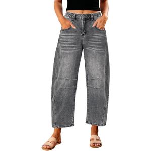 GRAPENT Barrel Jeans for Women Trendy High Waisted Wide Leg Baggy Cropped Relax Fit Stretch Denim Trouser Ankle Pants (XX-Large, Foxy Gray)