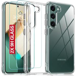 Oterkin for Samsung Galaxy S23 Plus Case Clear,[20X Anti-Yellowing] S23 Plus Case with [2Pcs Tempered Glass Screen Protectors][Built-in 4 Airbags][10FT Dropproof] Samsung Galaxy S23+ Case (Clear)