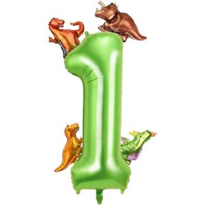 Dinosaur 1st Birthday Balloons Supplies- 40 Inch Large Foil Helium Green Number 1 Balloon with 4 Mini Dino Balloons, Dinosaur Theme Party Decor for Boys First Birthday Photo Props(Green 1)