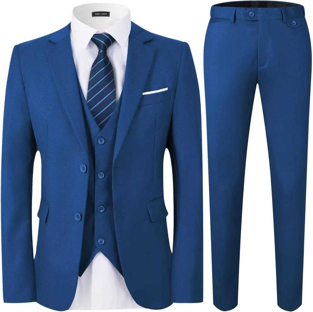WEEN CHARM Men's 3-Piece Slim Fit Suit Set-2-Button Blazer, Vest & Pants-Formal Wedding, Prom, Party & Business Tuxedo (Royal Blue) Small