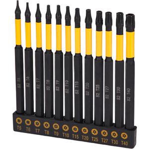 Bates- Impact Security Torx Bit Se, 12 pcs, 4 Inch Long, 1/4" Drive Hex Shank T5-T40, Alloy Steel, Tamperproof Magnetic Star Bits Set