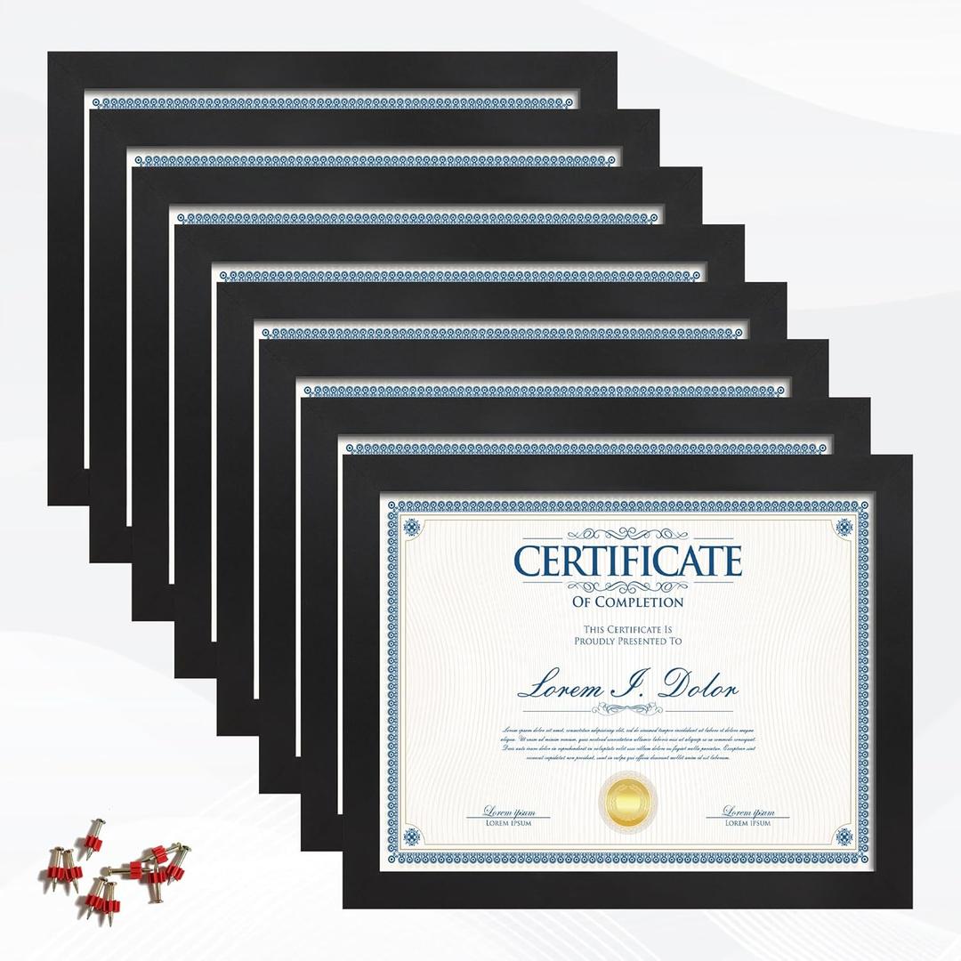 8.5x11 Picture Frame set of 8, Multi Certificate 8.5 by 11 Picture Frames Bulk, Document Diploma Award Frame for Wall Hanging or Tabletop Display, Black