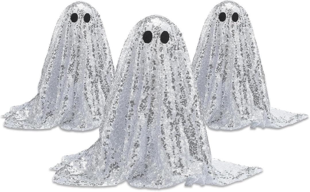 3 Pack Halloween Disco Ghost Decor - 10'' and 13'' DIY Glitter Ghost Decoration with LED Lights Cute Spooky for Indoor Halloween Party, Home Table Centerpiece