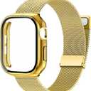 Metal Magnetic Band and Case Compatible with Apple Watch 38mm 40mm 41mm 42mm 44mm 45mm 46mm, Stainless Steel Milanese Mesh Loop Strap with Cover for iWatch Series 11 10 9 8 7 6 5 4 3 2 1 SE (Gold)