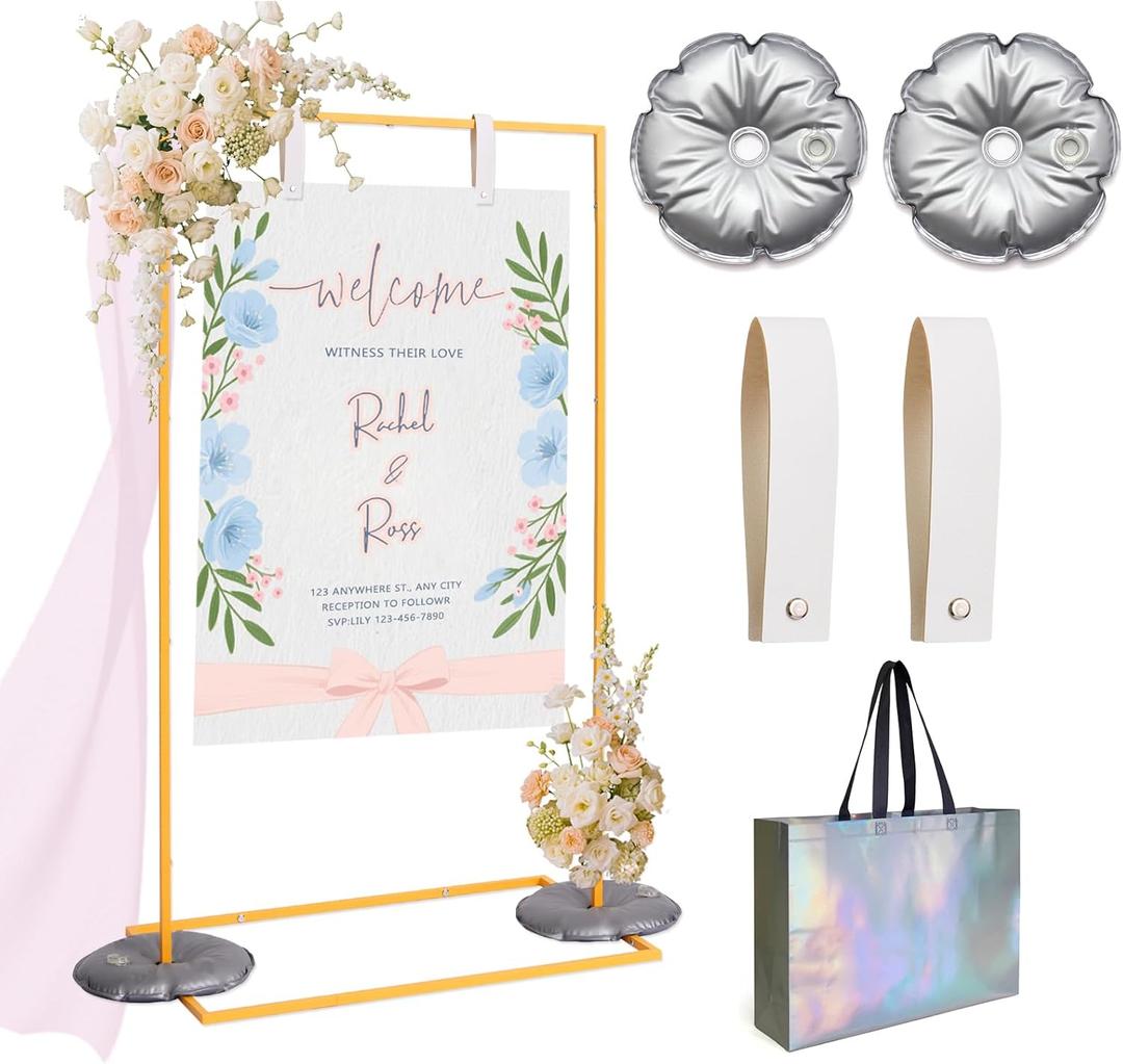 Wedding Sign HolderAdjustable welcome to our wedding sign stand with 2 Sign Hanging Straps ,Heavy Duty sign holder stand, welcome sign stand for party, wedding seating chart,Easel for Display (Gold)