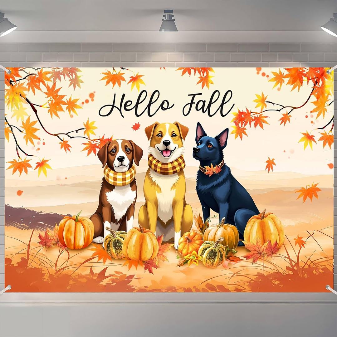 Hello Fall Photography Backdrop Autumn Maple Leaves Dog Pumpkin Friendsgiving Background Thanksgiving Party Supplies Farm Harvest Banner Photo Booth 72 x 44 Inch