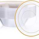 MAQUITA 50 Pcs Plastic Bowls with Gold Rim, 12oz disposable Soup Bowls, Christmas Thanksgiving Premium Dessert Salad Bowl for Wedding/Party