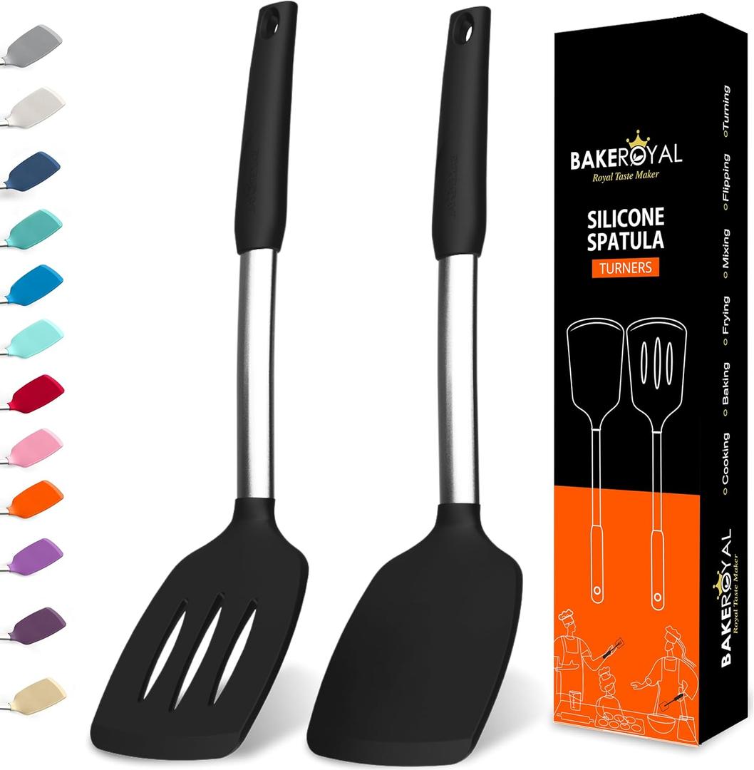 Silicone Spatula Set - Turner Spatulas Silicone Heat Resistant 600F - Slotted & Solid Spatula for Cooking Fish, Eggs, Pancakes Flipper  Spatulas for kitchen use  Black