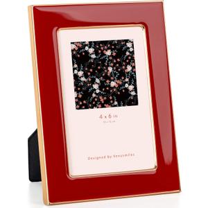 4x6 Enamel Picture Frame, Gold Metal Edge with Easel, Real Glass Photo Frame for Wall and Tabletop Display Family Office Photo Gallery, Red Enamel/1pc