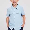 blibean Boys Button-Down Uniform Shirts Semi Formal Dress Tops with Chest Pockets (Blue, L)