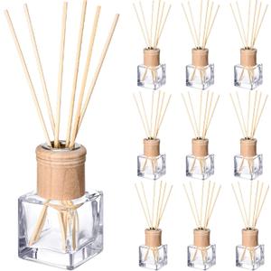 Roshtia 10 Set Reed Diffuser Bottle Empty Refillable Fragrance Glass Diffuser Bottles with Wooden Caps Rattan Sticks 50ml 1.7 oz Square Glass Jars for DIY Fragrance