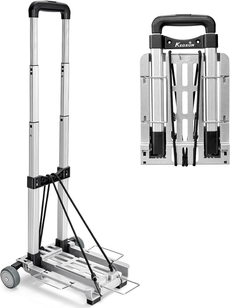 KEDSUM Mini Luggage Cart with Wheels Foldable, Lightweight Trolley Cart with Wheels, Expandable Baseplate Foding Hand Truck, 120 LBS Portable Dolly for Airport, Travel and Moving, 100% Aluminum