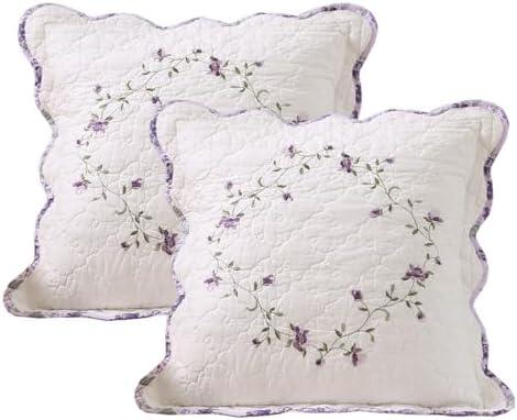 vctops Set of 2 Cotton Quilted Embroidered Decorative Square Throw Pillow Covers with Scalloped Floral Soft Cushion Case for Couch Sofa Bed (Flower F,18"x18")