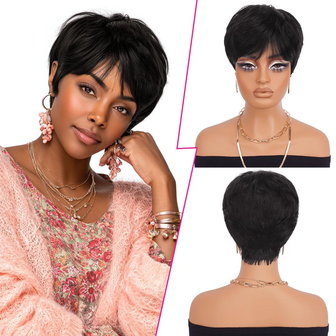 PEACOCO Pixie Cut Wig Human Hair Short Wigs for Black Women Natural Straight Glueless Pixie Wig with Bangs Layered Virgin Short Wigs for Women Black Color 1B