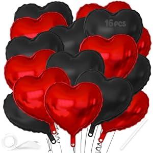 16 Pcs Heart Balloons, 18 Inch Red Black Love Heart Shaped Foil Balloons for Wedding Anniversary Birthday Party Valentine Decorations Baby Shower Bridal Shower Engagement Decorations Supplies
