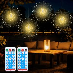 Dofulay Starburst Sphere Lights with Remote Control 120 LED Firework Light 8 Modes Wedding Decorative Hanging Lights for Party Patio Garden Warm White 4 Pack