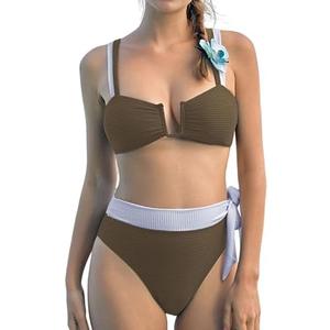 ZAFUL Women's High Waisted Bikini Sets Color Block Two Piece Swimsuit Tummy Control Bathing Suit Swimwear M